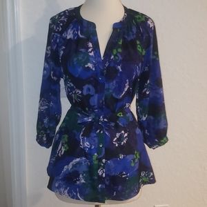 Isaac Mizrahi Blue Floral Belted Blouse XS